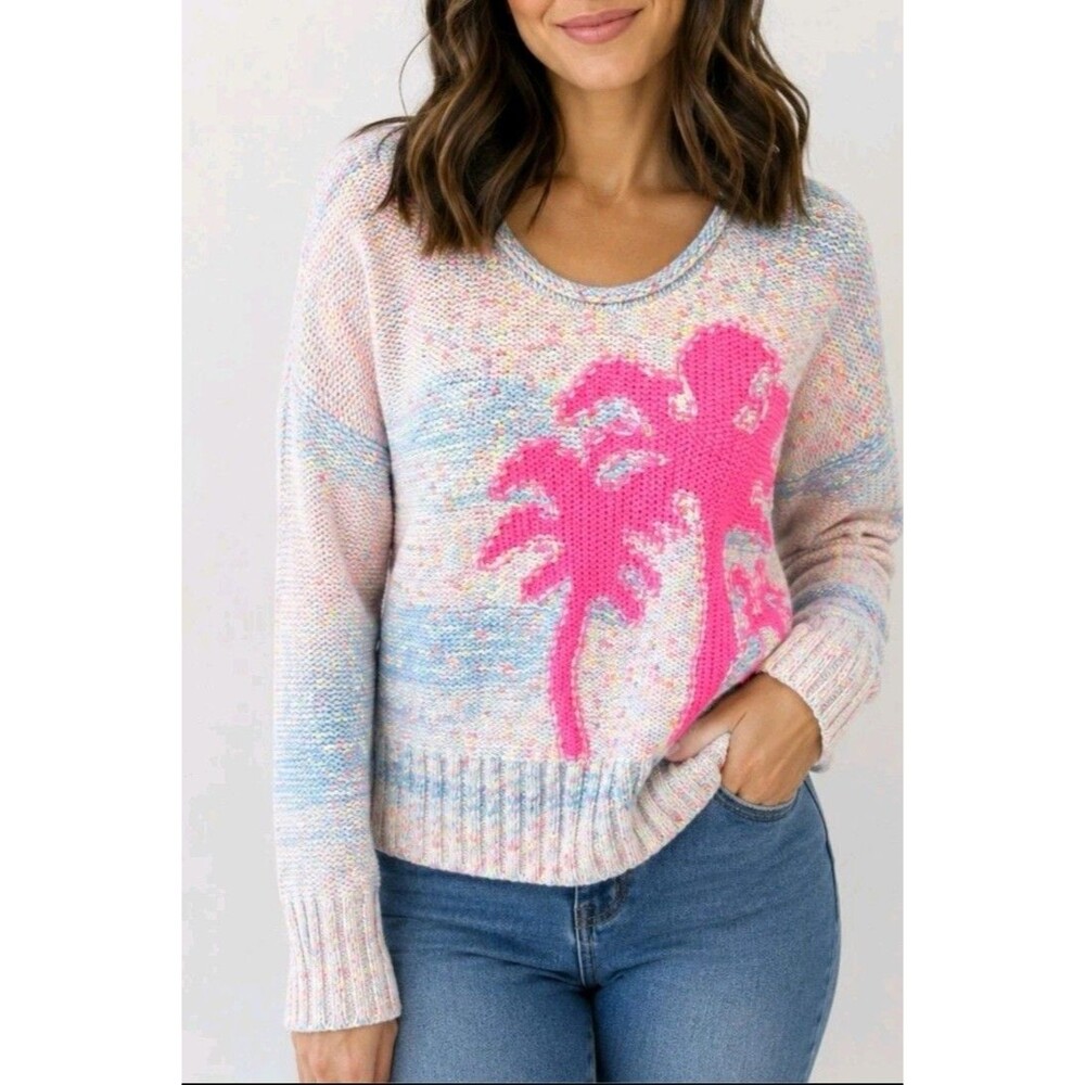 NWT By Anthropologie Long Sleeve Palm Tree Neon Pink Combo Sweater Petite L